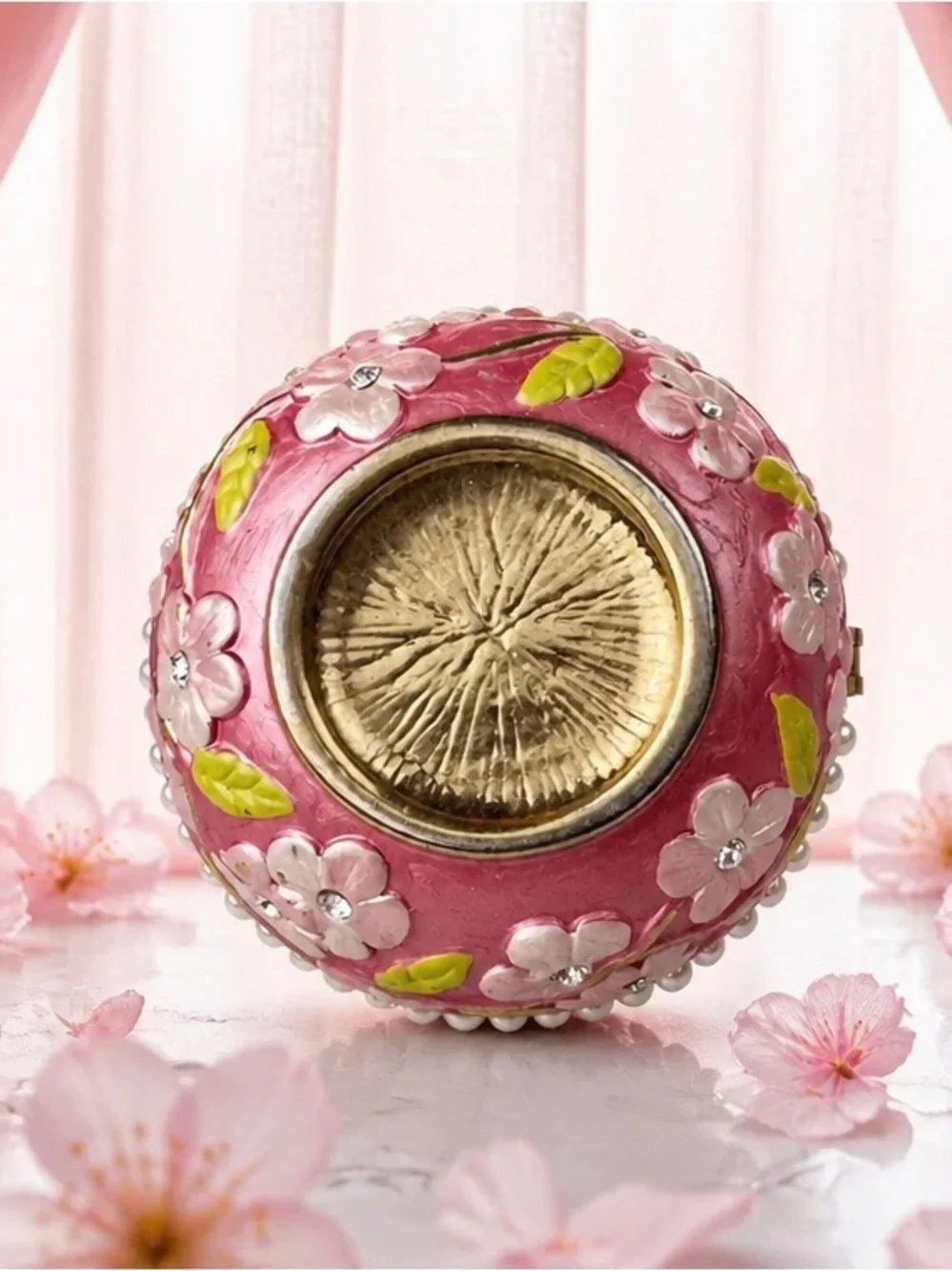 Vintage Rucinni Enamel Pink Apple Blossom Trinket Box With Swarovski Crystals